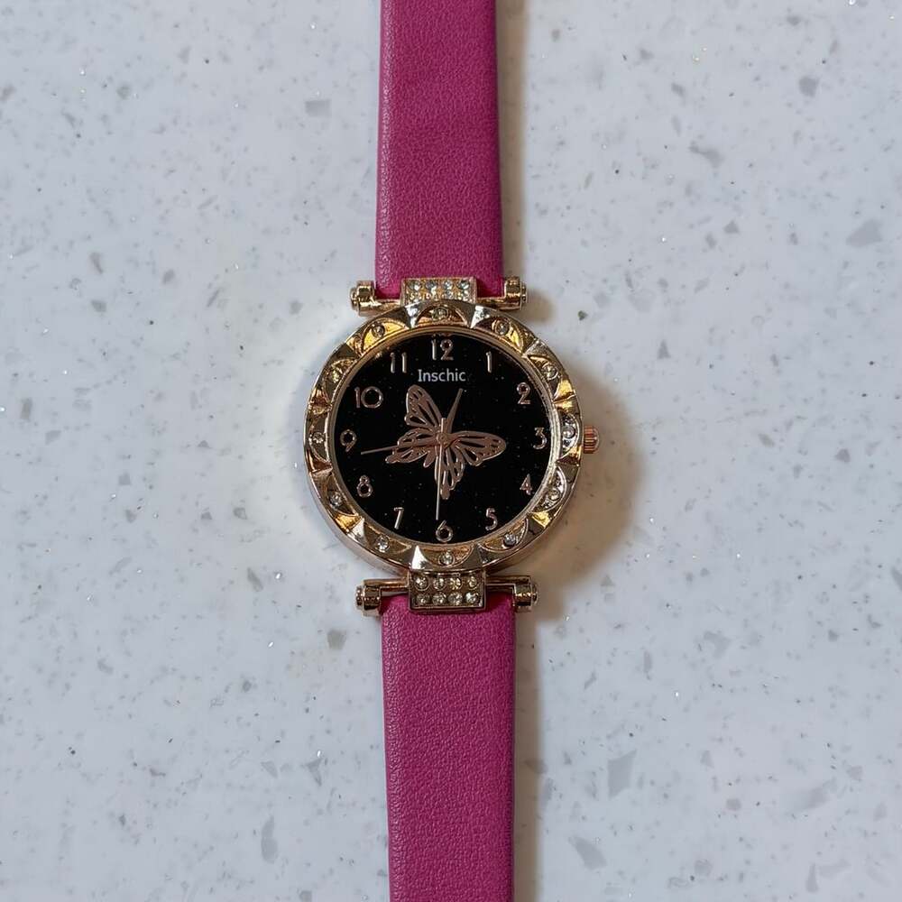 Inschic Butterfly Pink Band Ladies Woman Quartz Watch